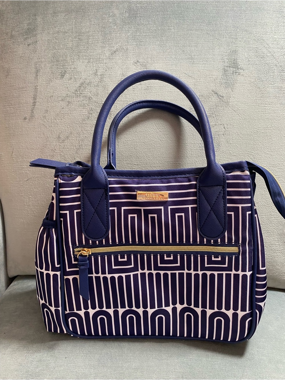 Trina Turk Navy and White Geometric Lunch Bag Satchel with Gold Accent